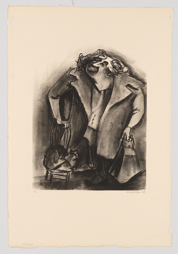 A black and white lithograph depicting a weary or distressed man with his head tilted back and eyes closed, holding a bag in one hand and a hat in the other. The man is wearing a coat and appears to be standing indoors. The artwork has a sketch-like quality with expressive lines and shading, conveying a sense of emotional weight or exhaustion. There is a signature and date at the bottom right corner.