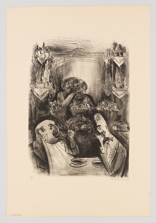 A vintage black and white etching depicting three figures seated at a dining table, with a surreal and slightly distorted perspective. The central figure, a woman, gazes directly forward with a contemplative expression, surrounded by an abundance of floral patterns that blend with her attire. To her left and right, two men appear engaged in eating, with one holding a fork to his mouth and the other resting his chin on his hand. The background features a candle-lit chandelier and a window overlooking a body of water under a sky, suggesting an evening setting. The artwork is signed and dated in the lower right corner.
