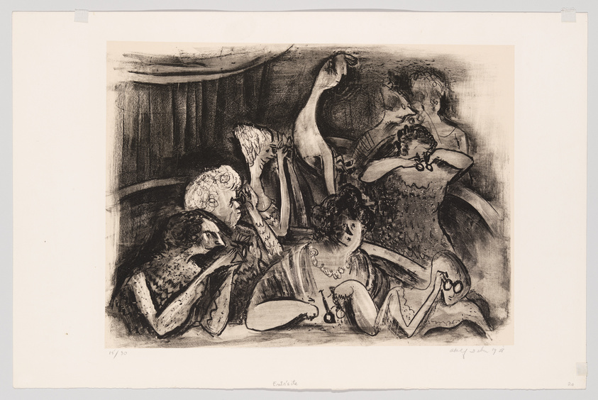A black and white etching depicting a group of stylized figures, possibly at a social gathering or performance, with dramatic expressions and gestures. The artwork has a dynamic composition with a sense of movement and interaction among the characters. The image includes signatures and numbering on the bottom, indicating it is part of a limited series.
