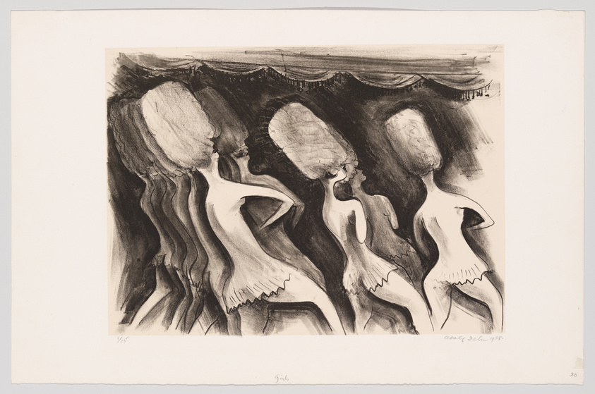 A black and white lithograph depicting a series of stylized female figures with exaggerated hairdos and flowing dresses, seemingly in motion, with a wavy line above suggesting a curtain or horizon. The artwork is signed and dated by the artist in the bottom right corner.