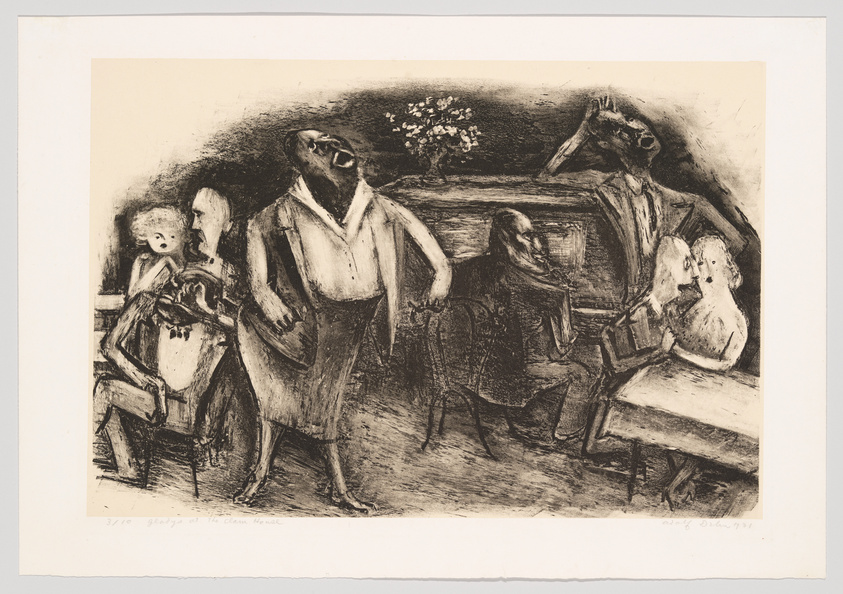A black and white lithograph depicting a group of stylized figures in an interior setting, possibly a tavern or social gathering place. The characters are drawn with exaggerated features and expressions, with one figure standing and singing or shouting, while others are seated at tables, engaging in conversation, or listening to the standing figure. There is a sense of movement and liveliness in the scene. A vase with flowers is visible in the background on a shelf, adding a touch of detail to the otherwise sketchy environment. The artwork has a caption at the bottom left that reads "3/70 Goyescas at the Ocean House" and is signed and dated at the bottom right.