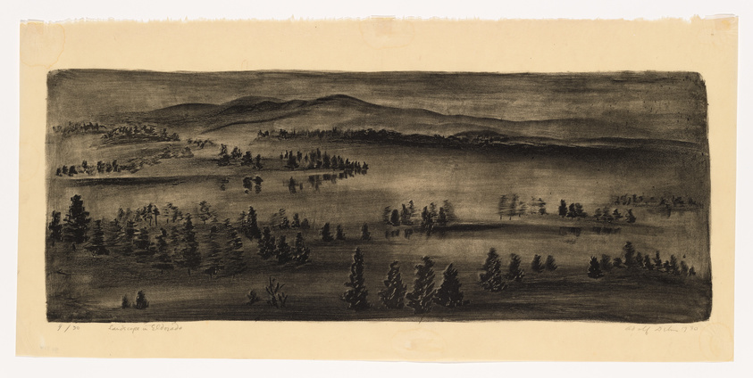 A monochromatic landscape etching depicting a serene scene with rolling hills and a forest of coniferous trees. The artwork conveys a sense of tranquility and is dated in the bottom right corner, suggesting it was created in 1930. The paper shows signs of aging with discoloration and crease marks.