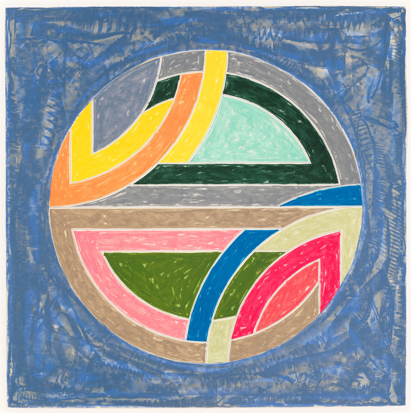 Abstract colorful geometric painting with bold lines and shapes on a textured blue background.