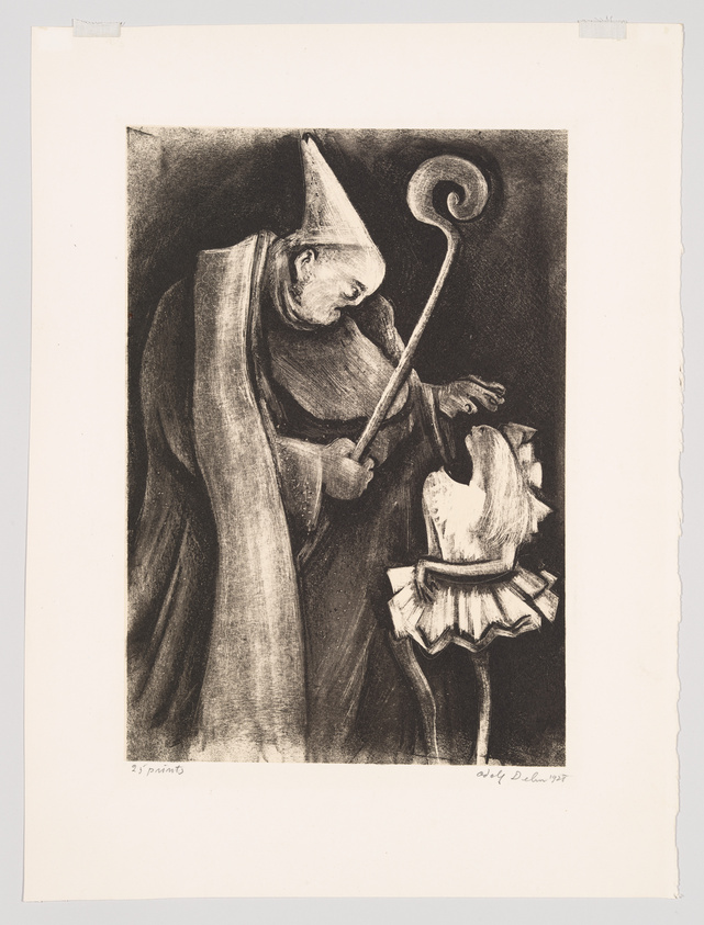A black and white illustration depicting a whimsical scene with a robed, elderly figure wearing a pointed hat and holding a staff with a spiral top. The figure appears to be interacting with a smaller, bird-like creature wearing a ruffled collar and standing on one leg. The artwork has a dark background, and there is text at the bottom indicating the piece is numbered and signed by the artist, dated 1957.