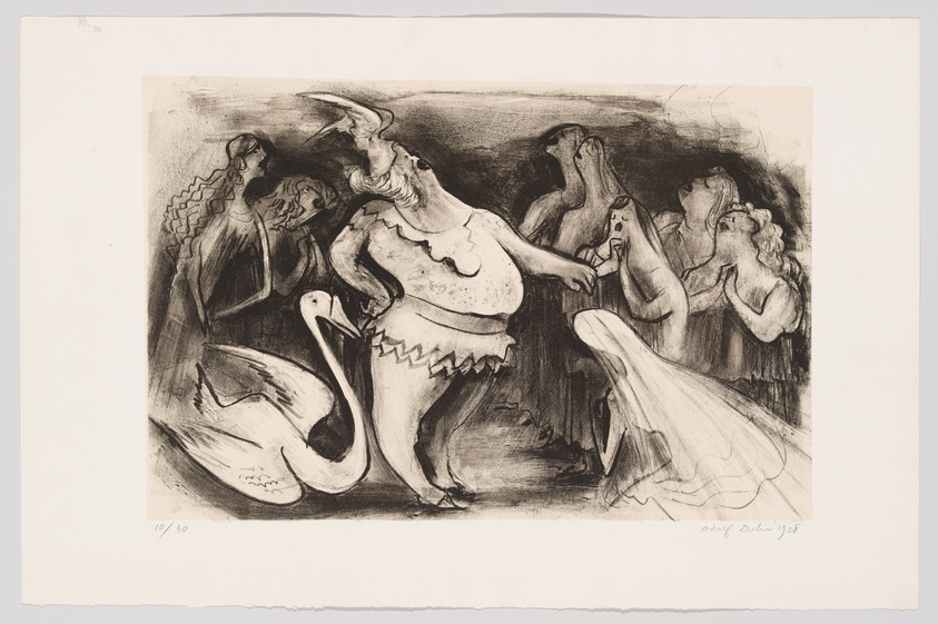 A black and white lithograph depicting a chaotic scene with several figures that appear to be a mix of humans and creatures, including a prominent swan in the foreground. The artwork has a dark, expressive style with strong contrasts and is signed and dated in the lower right corner.