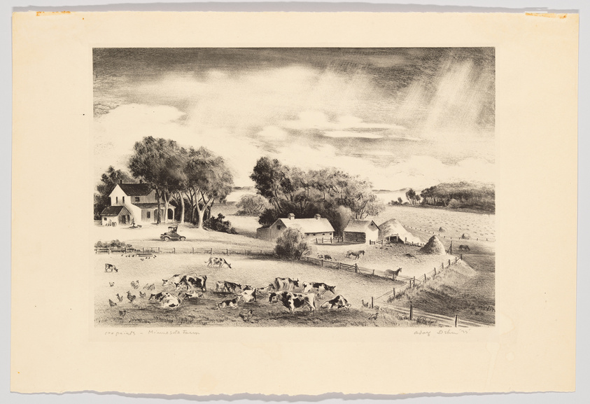 A detailed black and white sketch of a pastoral farm scene, featuring a cluster of farm buildings surrounded by trees, with cows grazing in the foreground and rolling hills in the background under a dramatic sky. There is handwriting at the bottom left that reads "100 proofs - Minnesota Farm" and a signature at the bottom right. The paper has slightly frayed edges and shows signs of age.