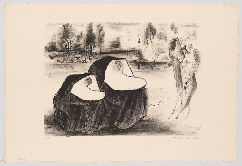 A black and white lithograph featuring abstract figures; two prominent figures resembling simplified, rounded human forms in the foreground, with a sketchy, park-like scene and a more detailed figure holding a child in the background. The artwork has a dreamlike, surreal quality, with soft lines and shading. Artist's signature and date are visible in the lower right corner.