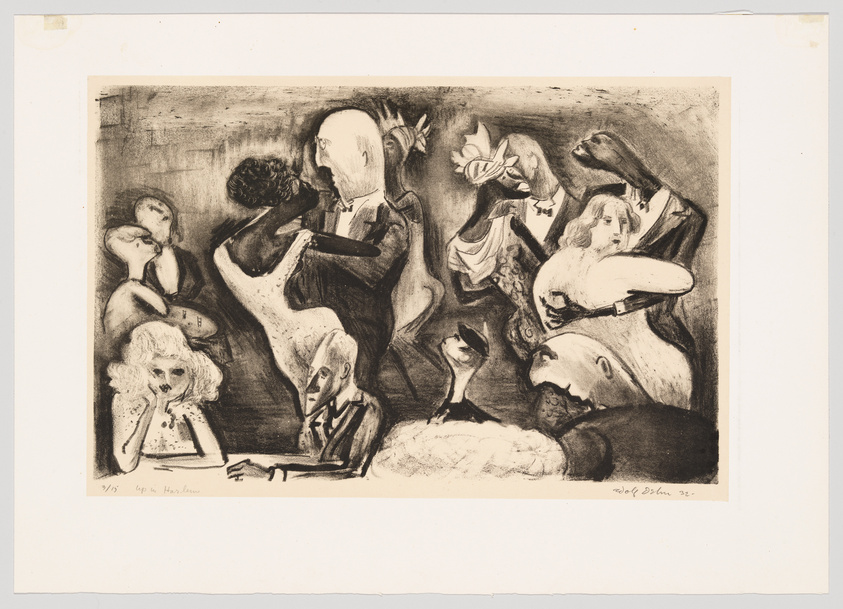 A black and white lithograph featuring a surreal, crowded scene with distorted figures, including a central character playing a wind instrument, surrounded by various caricatured faces and forms, some with exaggerated features. The artwork has a dreamlike, chaotic quality, with some figures appearing to float or merge with others. The image is signed and numbered by the artist in the lower margin.