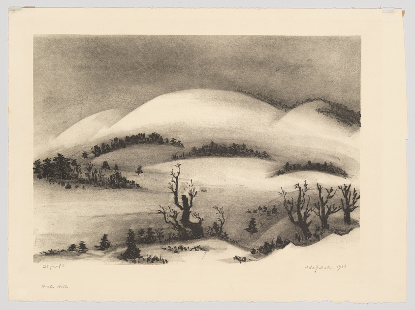 A monochromatic landscape drawing depicting rolling hills with clusters of trees. The artwork has a soft, ethereal quality with gentle shading to suggest the curvature of the hills. There are handwritten inscriptions at the bottom left and right corners, possibly the artist's signature and the date. The paper has a rough edge along the bottom, indicating it may be a print or a drawing on textured paper.