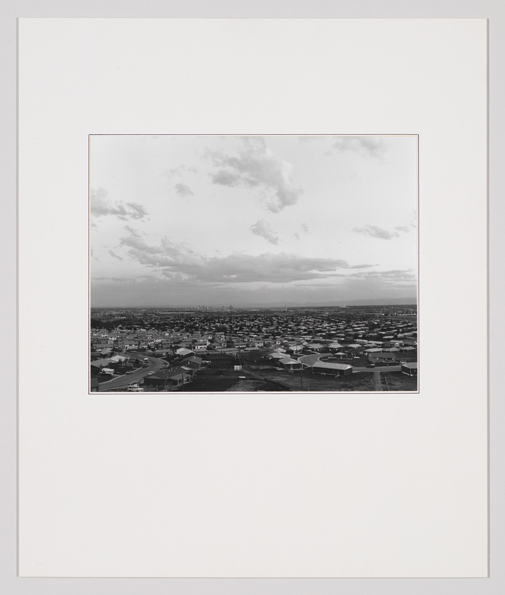 A wide view of a suburban neighborhood with many houses under a cloudy sky, seen from above.