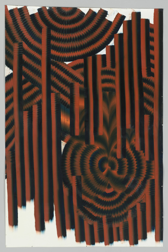 Abstract artwork featuring a complex pattern of concentric circles and vertical stripes in shades of black, orange, and red, creating an optical illusion of depth and movement.