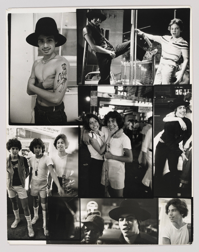 A collage of black and white photographs featuring various people, likely from the 1970s or 1980s. The top left photo shows a shirtless young man with a tattoo, wearing a wide-brimmed hat. The top right photo depicts a person leaning on a pole next to a child. The middle left photo shows two individuals embracing and smiling on a city street at night. The middle right photo captures a person in a black outfit with a hat, leaning against a wall. The bottom left photo includes a group of four young people, three standing and one sitting, all dressed in casual attire. The bottom right photo shows two individuals, one in a cap, looking towards the camera with urban surroundings in the background. The images convey a sense of urban street life and youth culture.