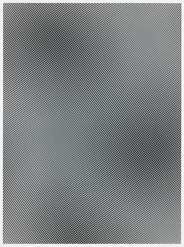 A monochromatic image displaying an intricate pattern of black and white dots creating a moiré effect.