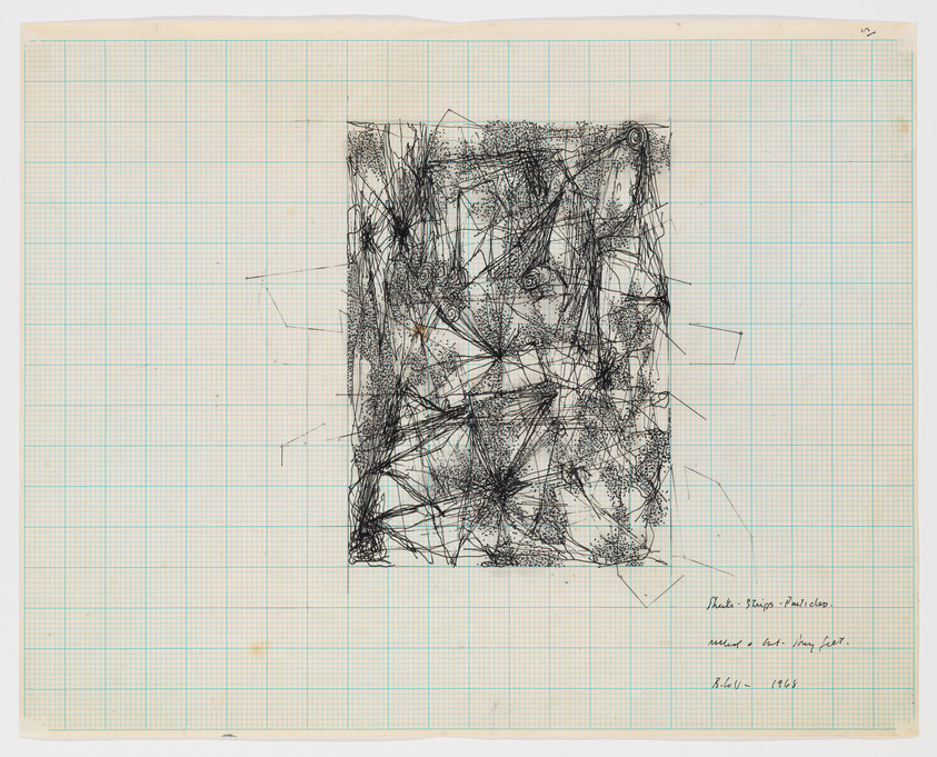 A piece of graph paper with a complex, abstract drawing composed of numerous overlapping lines and shapes, creating a dense, chaotic pattern. Handwritten text at the bottom right corner appears to provide details about the artwork.
