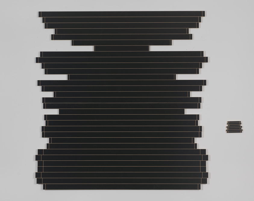 A modern art piece featuring a series of black horizontal bars with thin gold lines creating a stepped pattern on a white background. The bars decrease in length from the center outwards, forming a symmetrical design that resembles a digital signal or equalizer visualization. A small, similarly patterned square is positioned to the bottom right, echoing the larger formation.