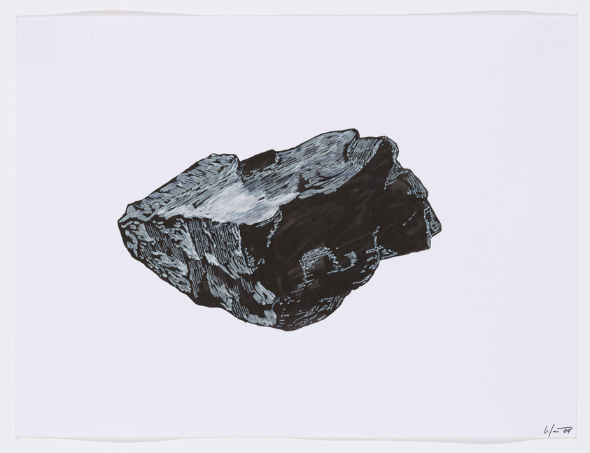 Illustration of a chunk of coal with textured surfaces, depicted in black and white against a plain background. The artist's signature and date are visible in the lower right corner.