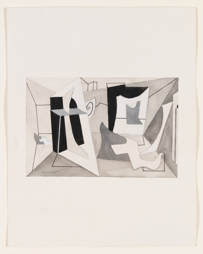 A grayscale abstract cubist drawing featuring geometric shapes and fragmented forms that suggest a figure within an indistinct space. The artwork is centered on a cream-colored paper with a wide border.