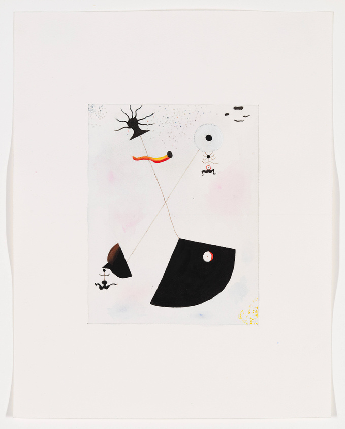 Abstract artwork featuring a composition of various shapes and lines with a playful use of color and texture. Central elements include a large black shape resembling a semicircle with a red dot, a squiggly red line with a small black circle, and a black starburst figure at the top. The background is speckled with small dots of color, and the image is bordered by a white margin.
