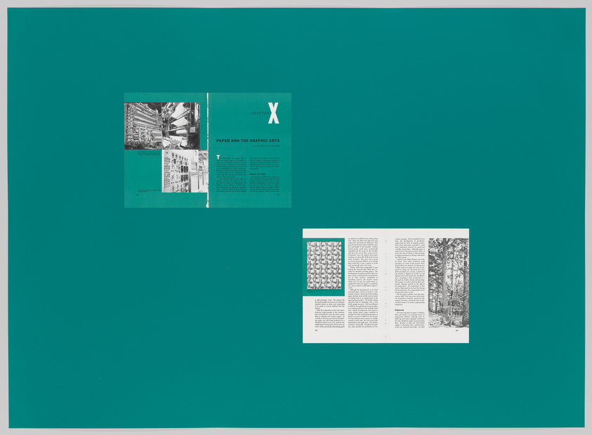 A flat lay of an open book with the left page featuring black and white images and the right page containing text and a large letter 'X' on a teal background. Two additional pages with text and images are laid out to the right of the book, also on the teal background.