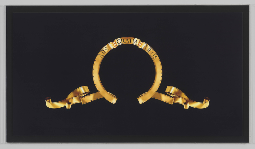 A golden Möbius strip with the inscription "ARS GRATIA ARTIS" against a black background, framed in white.