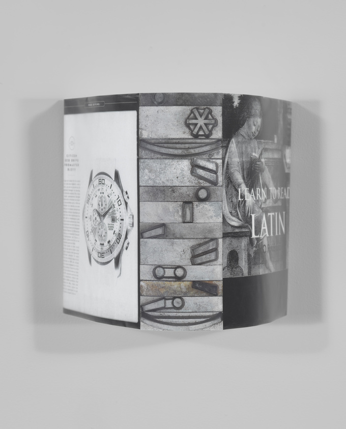 Curved magazine page featuring a watch ad, architectural elements, and a "Learn to Read Latin" section with a classical figure.