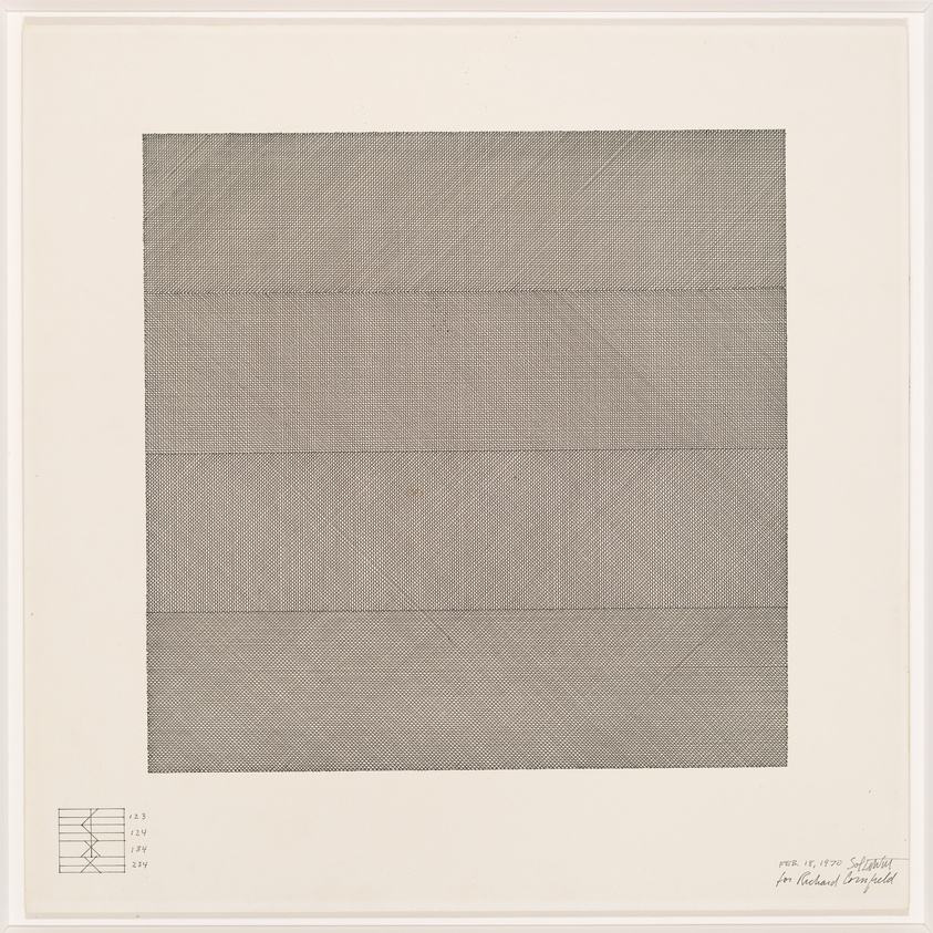 A geometric abstract artwork featuring a grid of fine lines creating a textured pattern. The composition is divided into horizontal bands with varying densities of line work. In the lower left corner, there is a small diagram with numerical annotations, and in the lower right corner, there is handwritten text and a date. The piece is presented within a white border, suggesting it is matted and possibly framed.