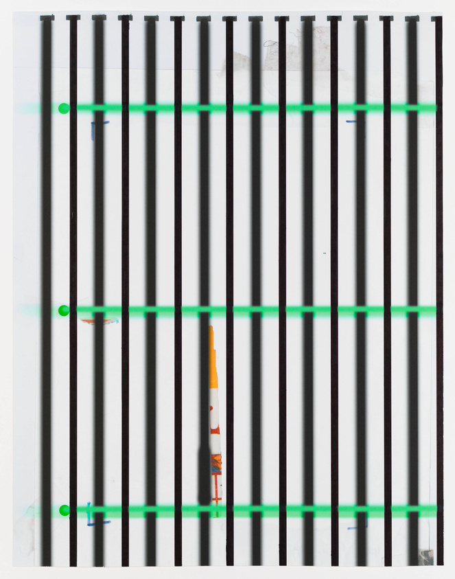 Vertical black bars against a white background with occasional green horizontal lines and small colored objects, such as a blue peg and an orange tube, interspersed between the bars.