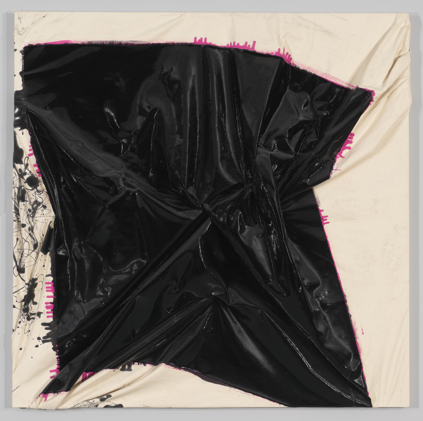 A glossy black material with creases dominates the canvas, bordered by pink and black splatters on a beige background.