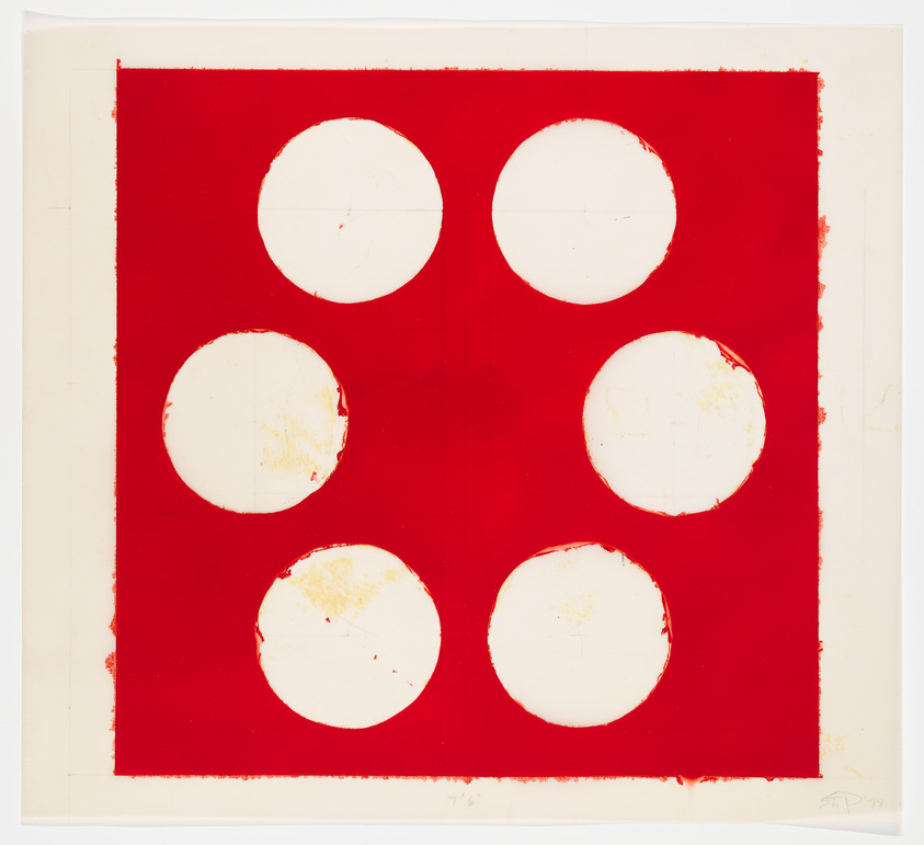 Graphic artwork with six white circles arranged in a 2x3 grid on a red background, with a distressed texture.