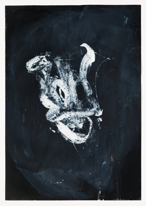 A dark, abstract painting with expressive white strokes on a black background that suggest a dynamic, almost ghostly figure or face. The artwork has a raw, textured appearance with splatters and smudges.