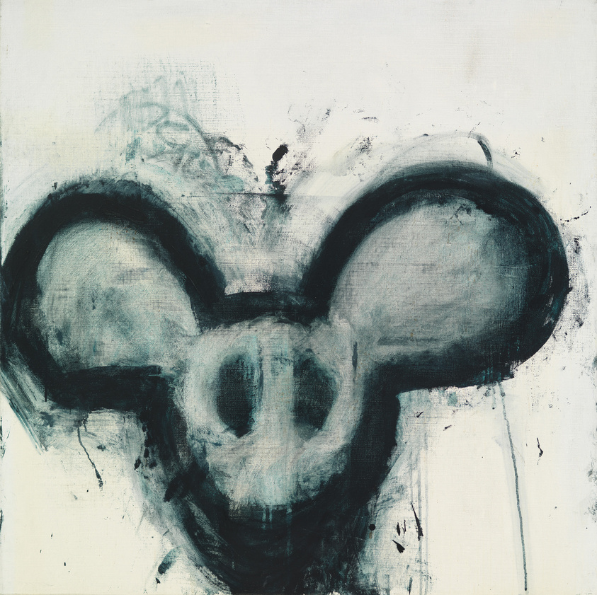 Abstract painting of a mouse-like face with large ears, rendered in dark, smudged brushstrokes on a light background.