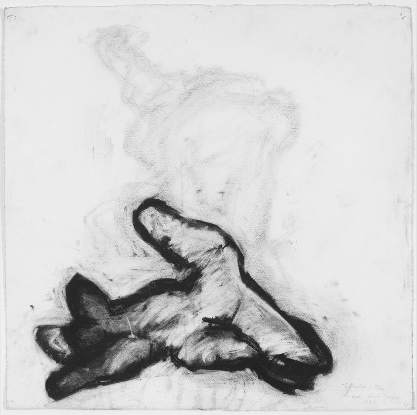 Charcoal drawing of a hand with dark, bold lines on a white background, featuring a faint, abstract figure in the background.