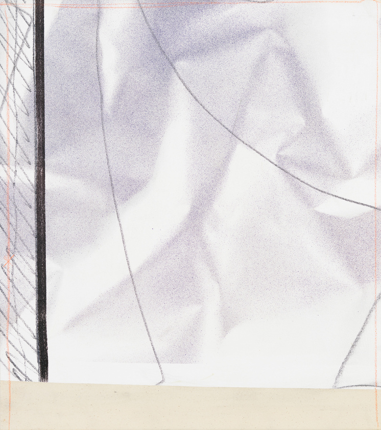 Sketch of draped fabric with grid lines and shading, suggesting a study of folds and light.
