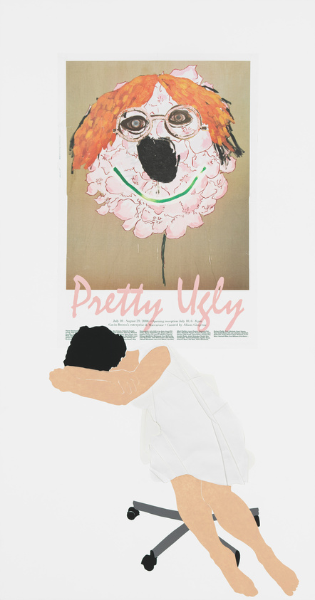 Artwork featuring a colorful abstract dog face above the words "Pretty Ugly," with a cutout of a person slumped over in a chair below.