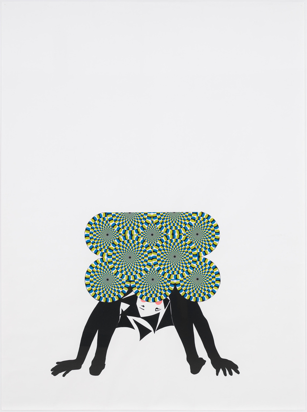 A graphic artwork featuring a stylized figure with a black silhouette of a human body and a colorful patterned shape replacing the head. The pattern consists of concentric circles with blue and yellow hues creating a hypnotic, optical illusion effect. The figure's arms and legs are spread out against a white background, suggesting movement or dance.