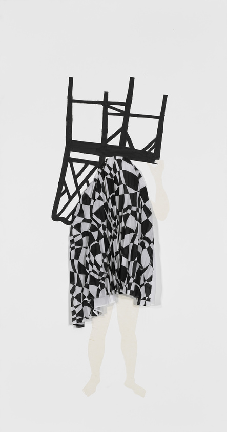 Artistic display of a chair with its structure on top and a black and white patterned dress hanging from it, against a white background.