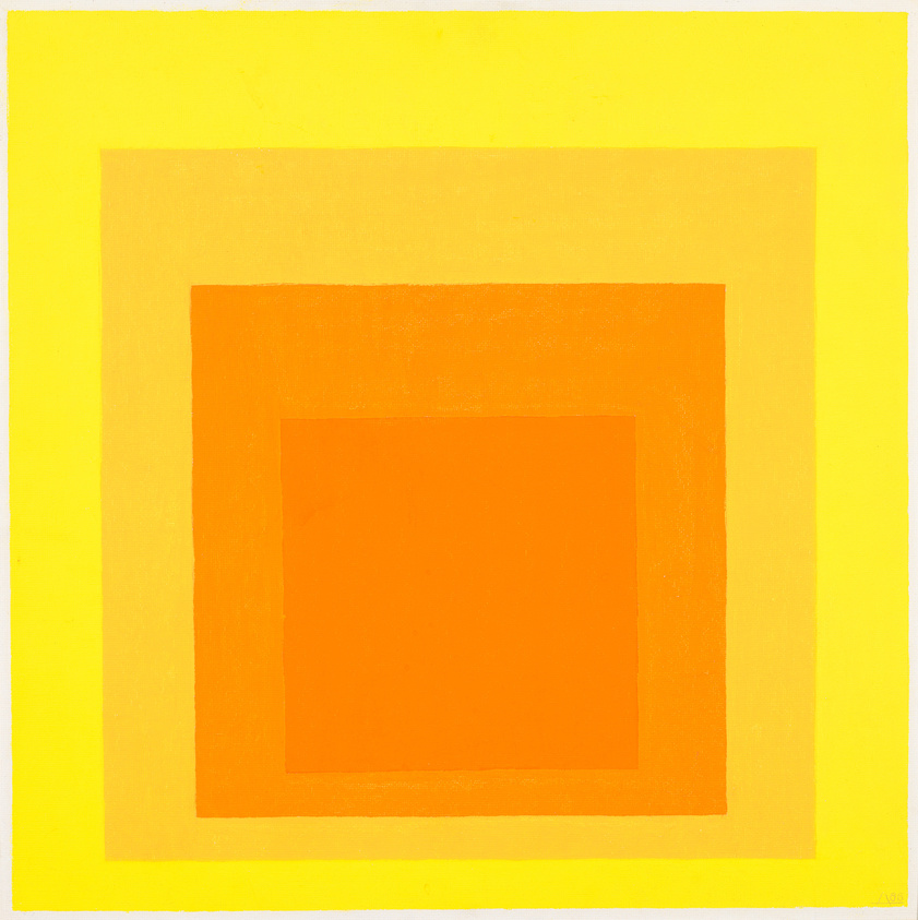A vibrant abstract painting featuring a series of nested squares in shades of yellow and orange, with the innermost square being a bright orange and the surrounding layers in lighter shades, all set against a lemon-yellow background.