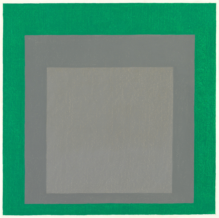 A minimalist abstract painting featuring a series of nested squares with a textured gray center, surrounded by a darker gray square and framed by a bright green border with a canvas texture.