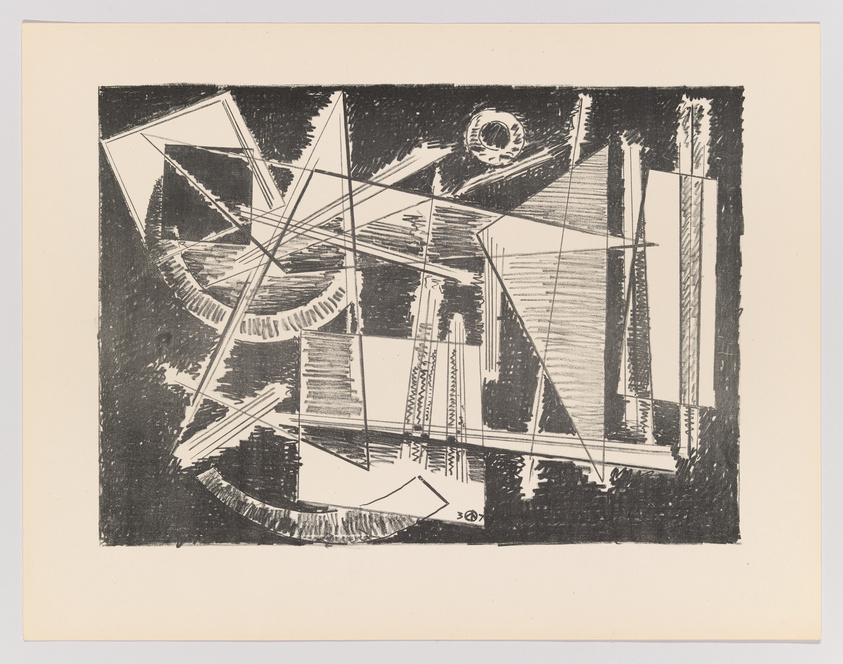 A black and white abstract print featuring a dynamic arrangement of geometric shapes and lines on a light background. The composition includes sharp angles, curves, and a variety of shading techniques to create depth and movement.