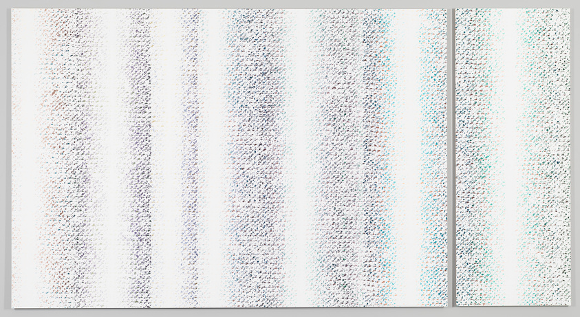 Abstract painting with vertical streaks of blue and brown on a white background.