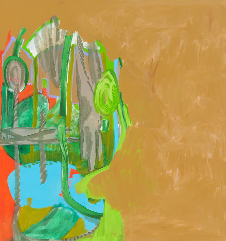 Abstract painting with vibrant green and blue strokes on a warm orange background.