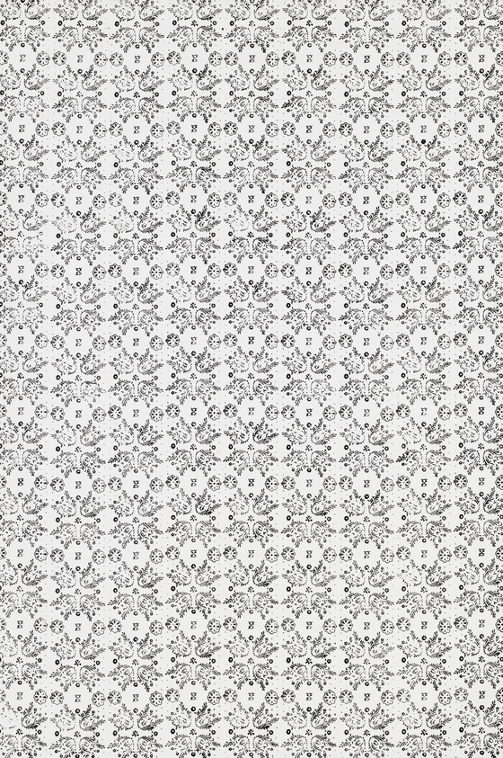 A densely patterned image with a repetitive design consisting of small, intricate details in black and white, creating a wallpaper-like effect.