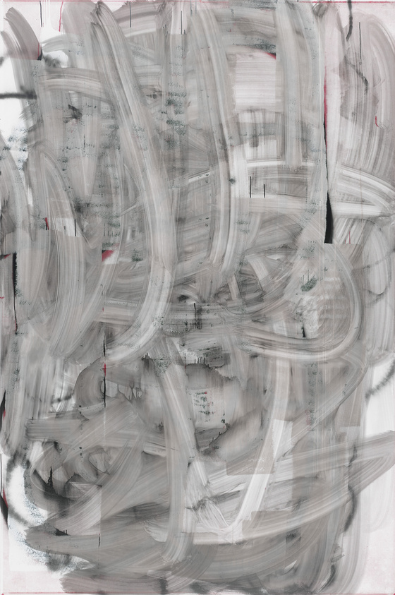 Abstract expressionist-style painting with broad, sweeping brushstrokes in shades of gray, with hints of red and black accents, creating a dynamic and textured visual effect.