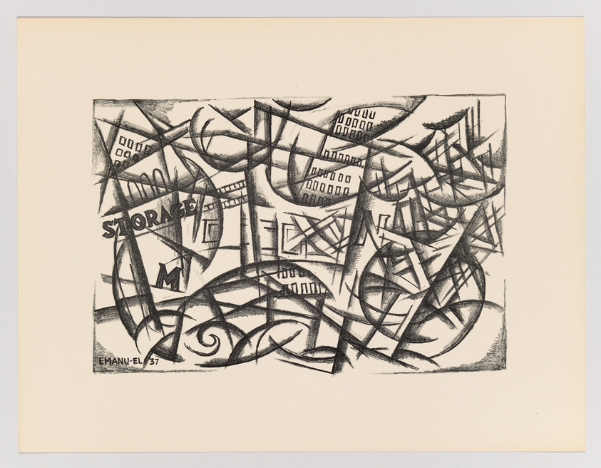 A black and white abstract drawing featuring a chaotic arrangement of lines and shapes with some recognizable elements such as windows and the word "STORM" amidst the swirls. The artist's signature "EMANU-EL '37" is visible in the bottom left corner. The artwork is centered on a cream-colored paper.