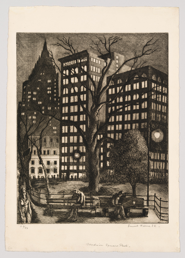 A black and white etching depicting Madison Square Park in New York City, with leafless trees, park benches, and people in the foreground, and the Metropolitan Life Tower and other buildings in the background. The artwork is signed and dated by the artist in the lower right corner.