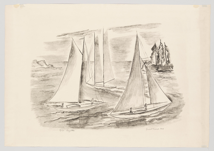 A black and white sketch of three sailboats racing on choppy waters with a rocky outcrop in the background. The sails are billowed out with the wind, and each boat has several crew members on board. The artwork is signed and dated in the bottom corners.