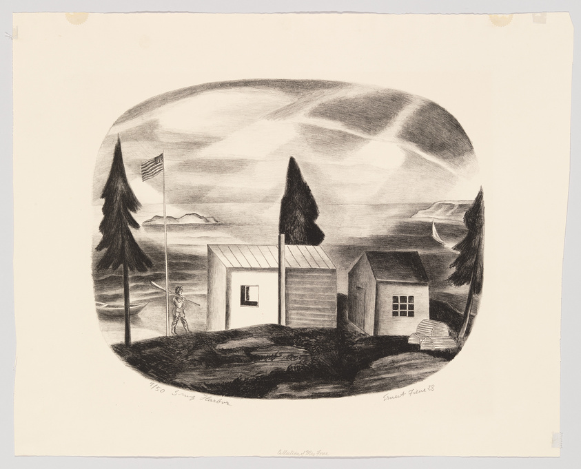 A black and white lithograph depicting a rural landscape with two small buildings, one flying an American flag. A figure stands by the flagpole, and the scene is framed by tall pine trees. The sky is filled with swirling clouds, and in the distance, there is a body of water with a crescent moon reflecting on its surface. The artwork is signed and numbered by the artist in the lower margin.