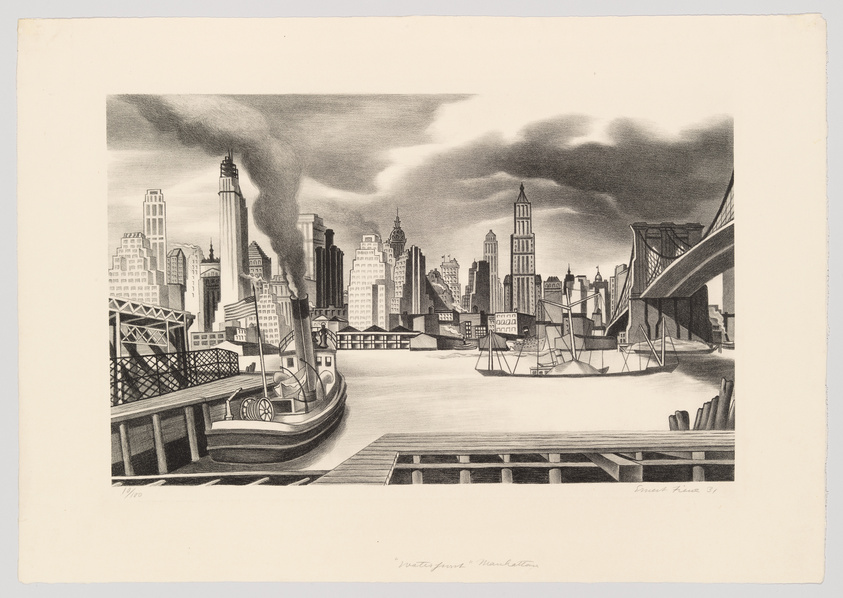 A black and white lithograph depicting a stylized 1930s New York City skyline with prominent skyscrapers and a steamboat in the foreground emitting smoke. The Brooklyn Bridge is visible on the right, and the scene is set against a backdrop of dark, swirling clouds. The artwork is signed and dated by the artist in the lower right corner.
