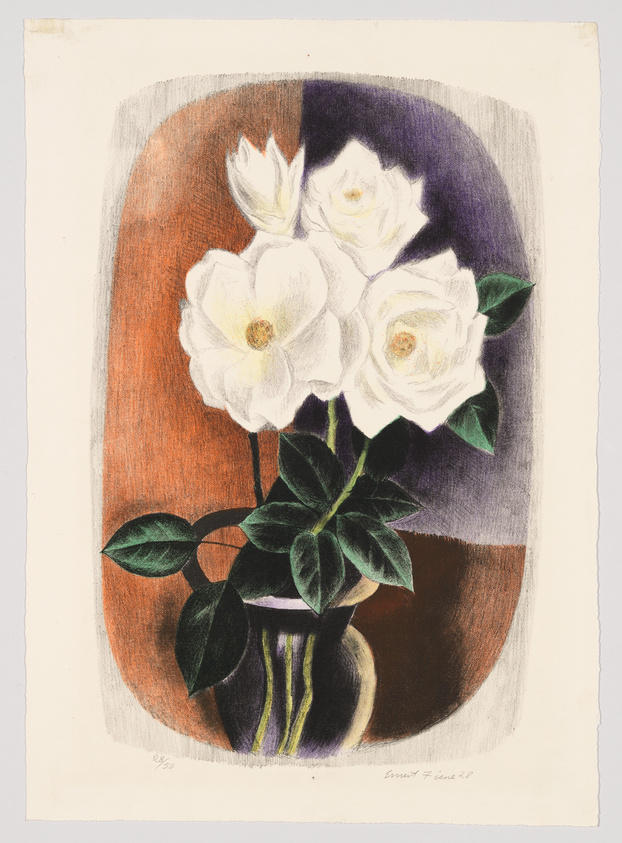 A colored drawing of three white flowers with yellow centers and green leaves in a purple and black striped vase, set against a brown and dark purple background. The artwork is signed and numbered at the bottom.
