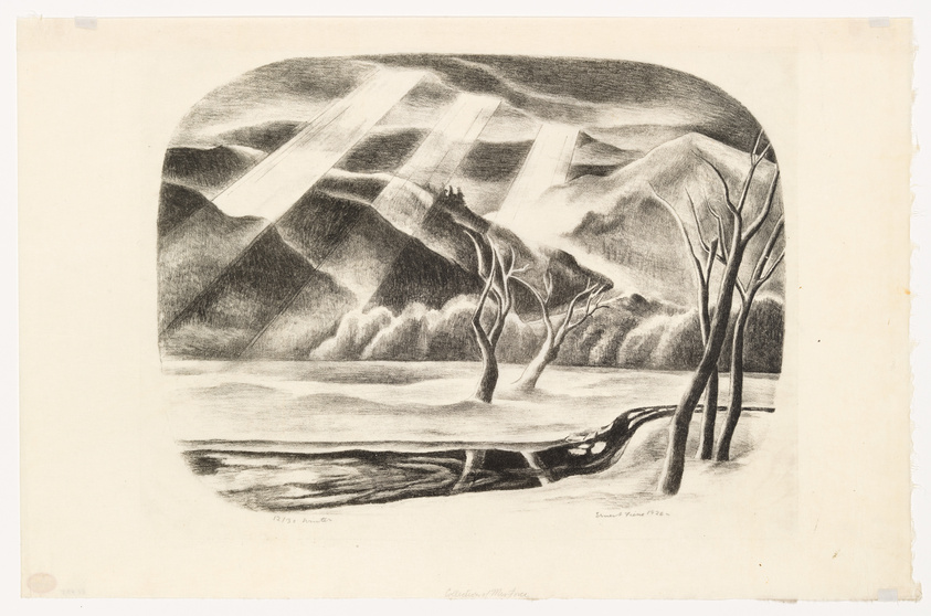 A black and white lithograph depicting a stark, hilly landscape with bare, twisted trees in the foreground and rolling hills in the background, intersected by what appear to be rays of light or pathways. The scene conveys a sense of desolation and is bordered by a rounded arch at the top, with the artist's signature and the year 1926 visible in the lower right corner.